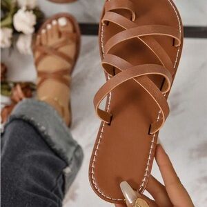 SHEIN Brown Multi-Strap Flat Slide Sandals